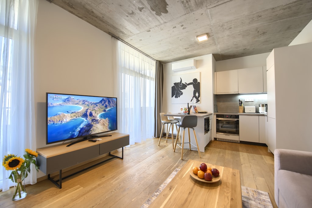 Modern living room with TV and large windows