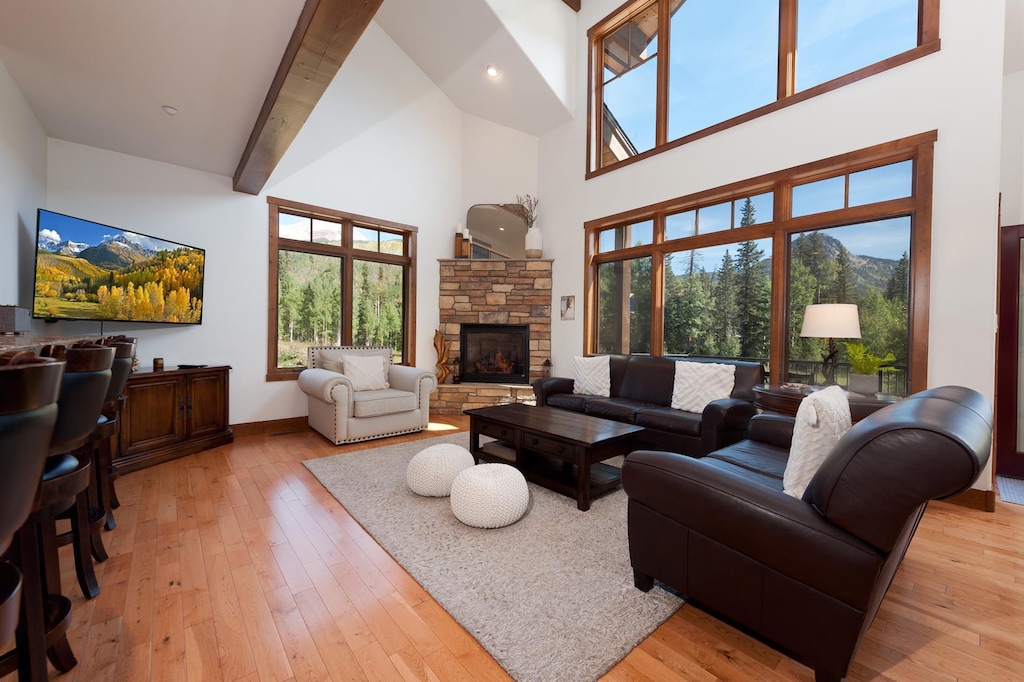 Main Living Space - TV, Gas Fireplace, Deck and views
