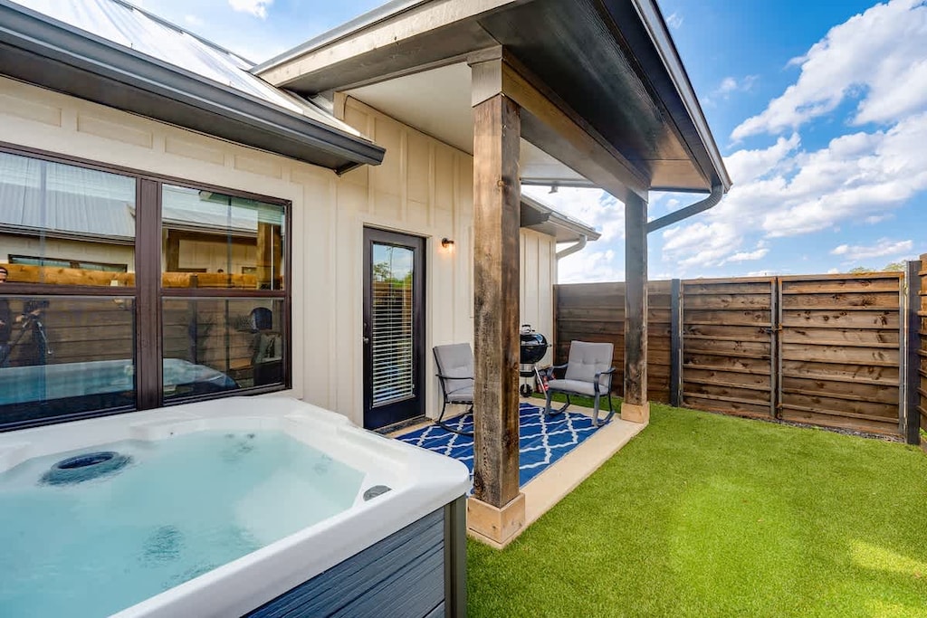 Shaded patio in the backyard.