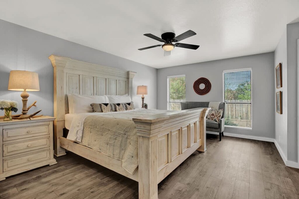 Master bedroom boasts a king bed.