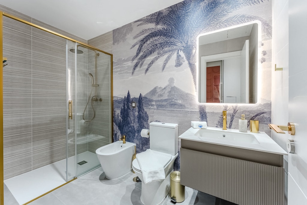 Spa-Inspired Bathroom – Rainfall Shower, Chic Vanity, and Artistic Mural Accents