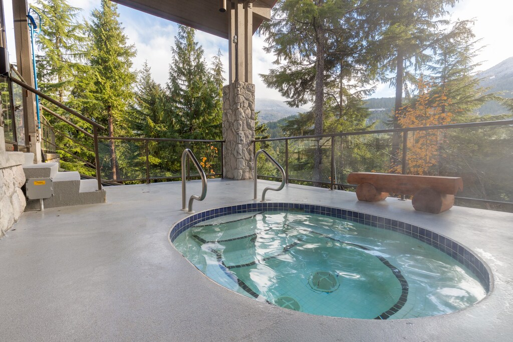 Relax after a big day playing in the mountains in the communal hot tub.