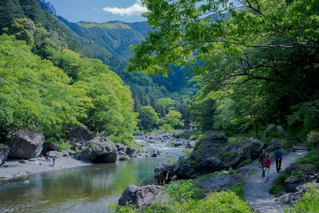 阿吽居の眼前に広がる奥多摩川。清流に寄り添うように続く遊歩道は上流、下流方面ともに２km以上続きます。都会の喧騒から離れ、渓流に漲る自然界の霊気を浴びながら歩くゆったりとした時間をお楽しみ下さい。