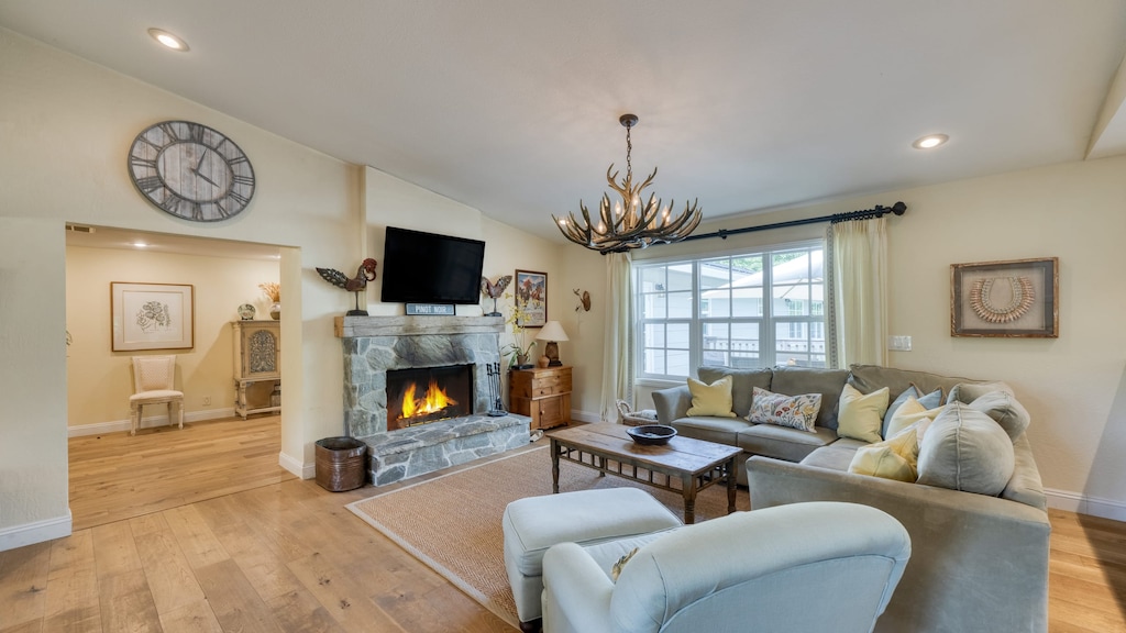 Living area with fireplace.
