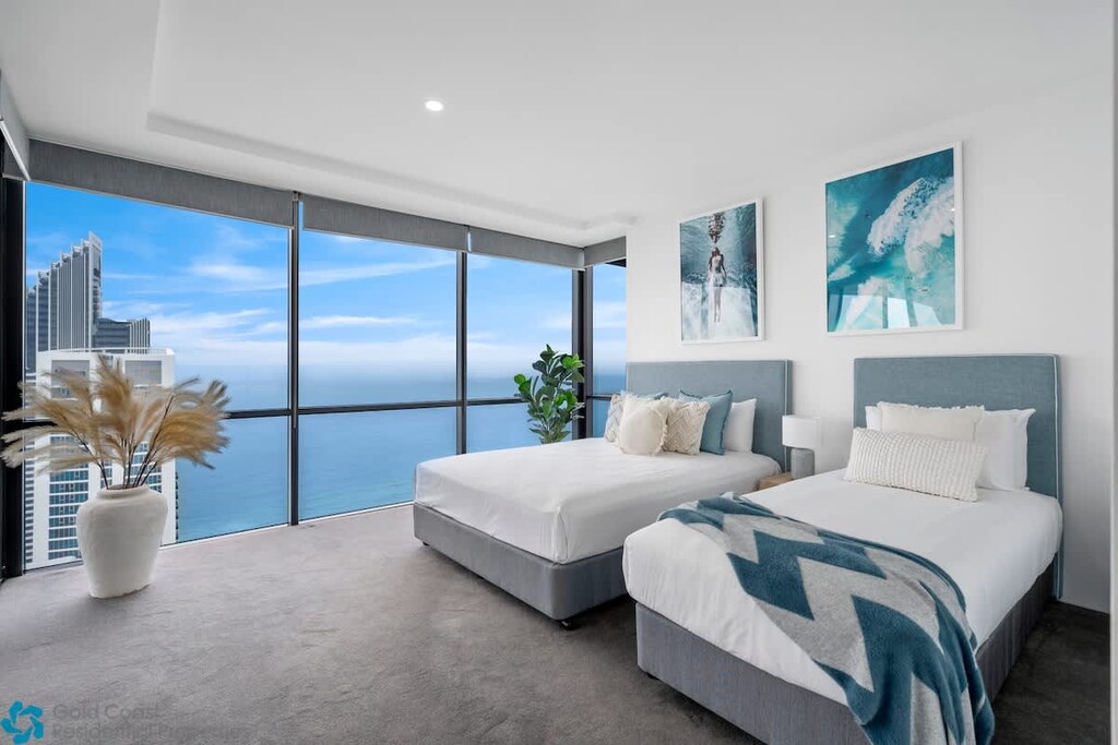 Second bedroom styled with inspiration from the beautiful sea view. Sleeps 3. 