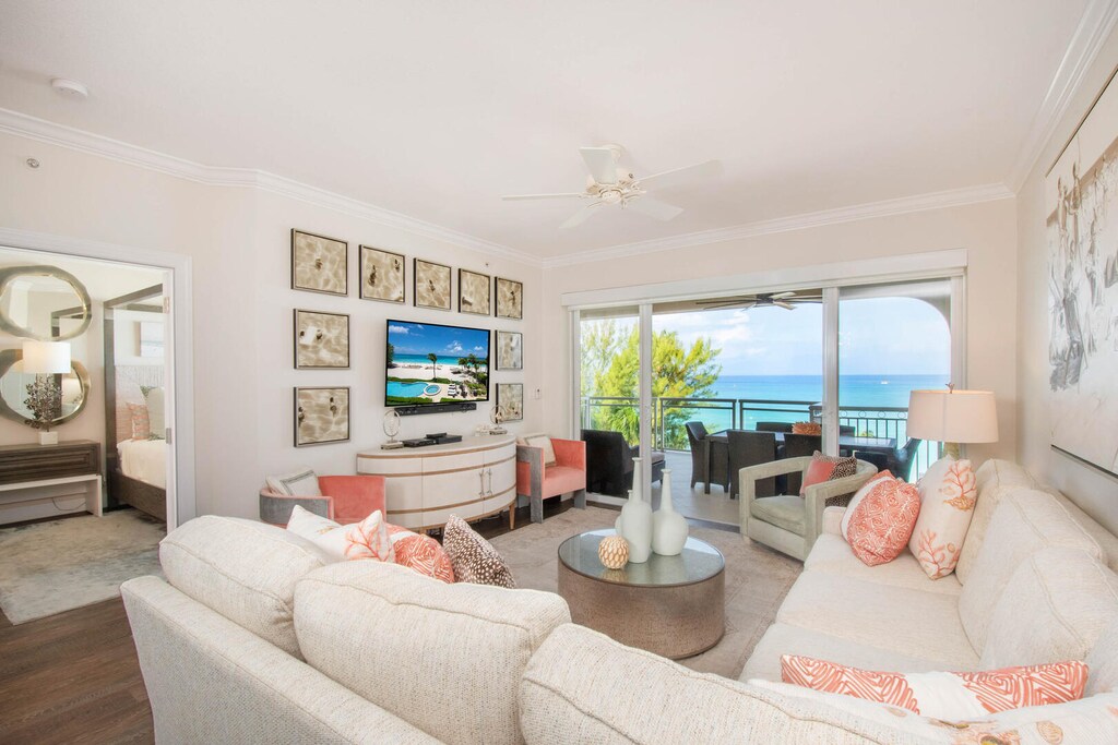 Living area with large windows.