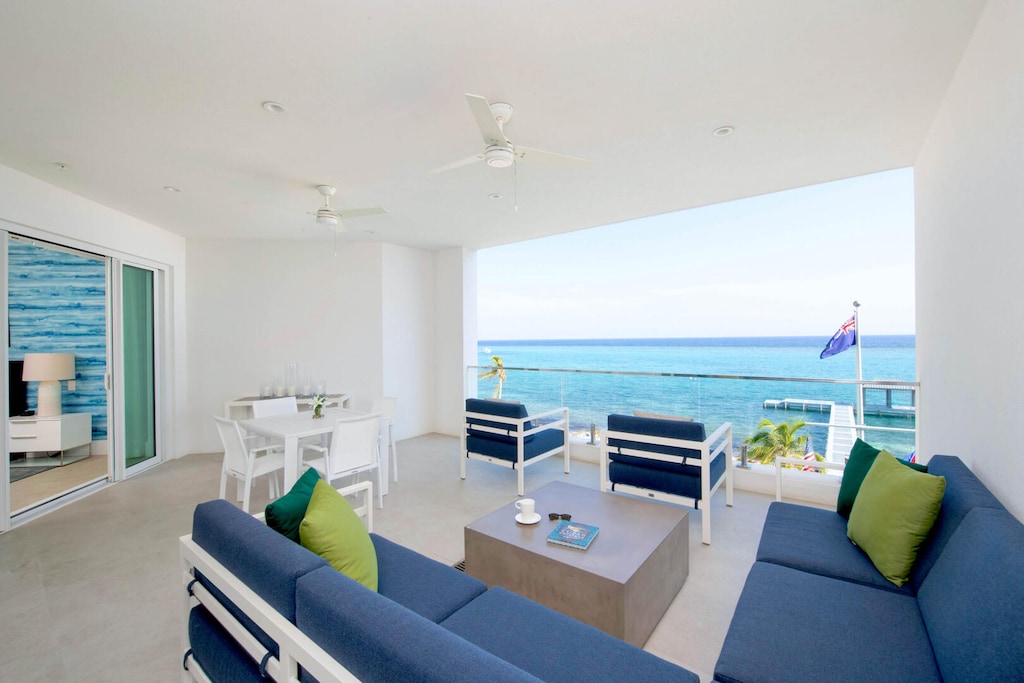 Spacious balcony with ocean views.