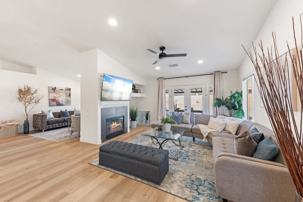 Spacious living room with a big TV.