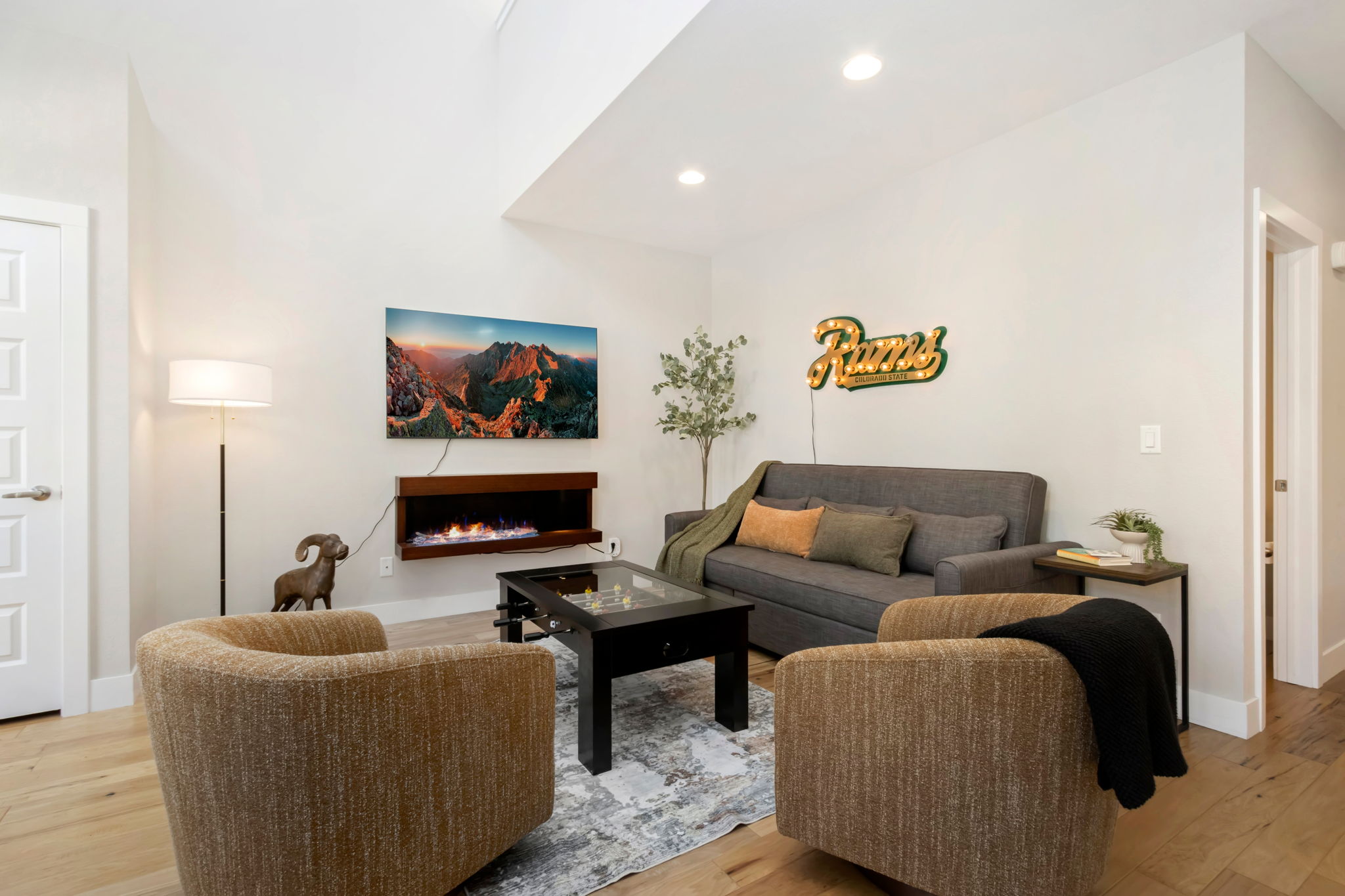 Living Room | Smart TV, Electric Fireplace, Foosball Coffee Table