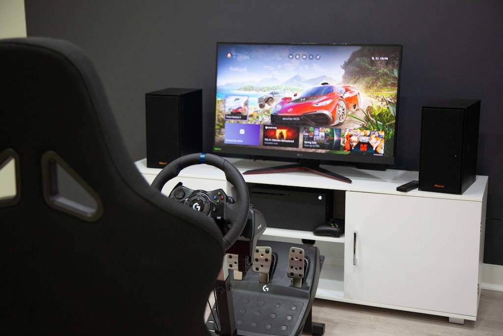 Race your crew with this unique gaming setup downstairs.