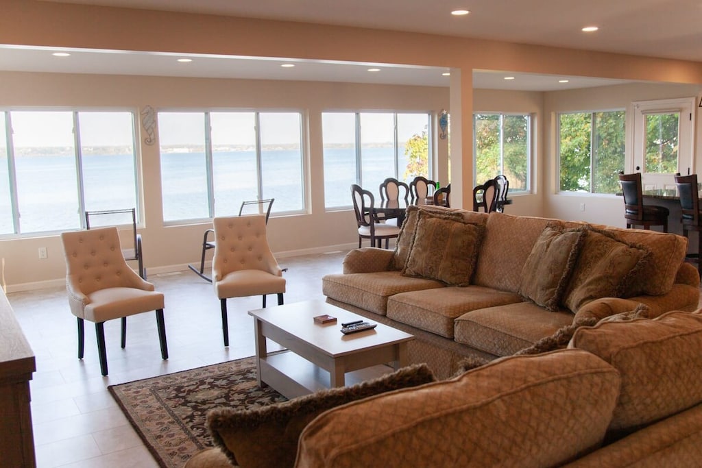 Spacious interior with panoramic views and room to gather.