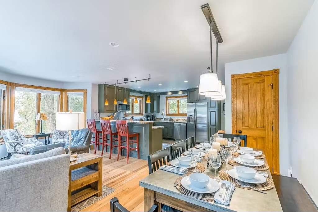 Open concept kitchen, living and dining area