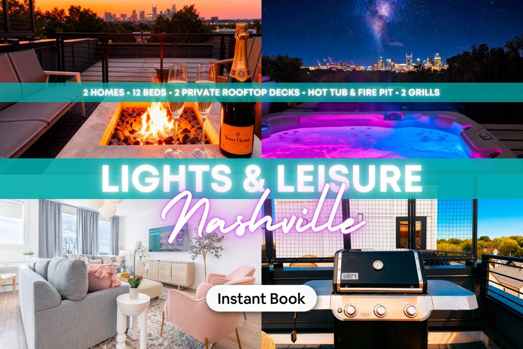 Experience the ultimate Nashville getaway at this stunning retreat! Enjoy two private rooftop decks, a hot tub, and breathtaking city views—ideal for large groups or bachelorette parties. Book with Misfit Homes today!