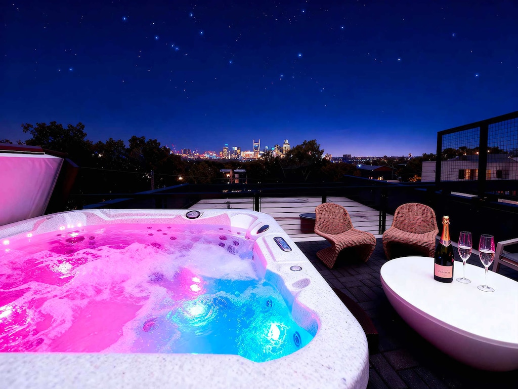 Unwind under the stars in this stunning Nashville vacation home with rooftop views. Enjoy a soak in the hot tub while sipping bubbly and soaking in Music City's skyline. Perfect for your next getaway! Book now with Misfit Homes!