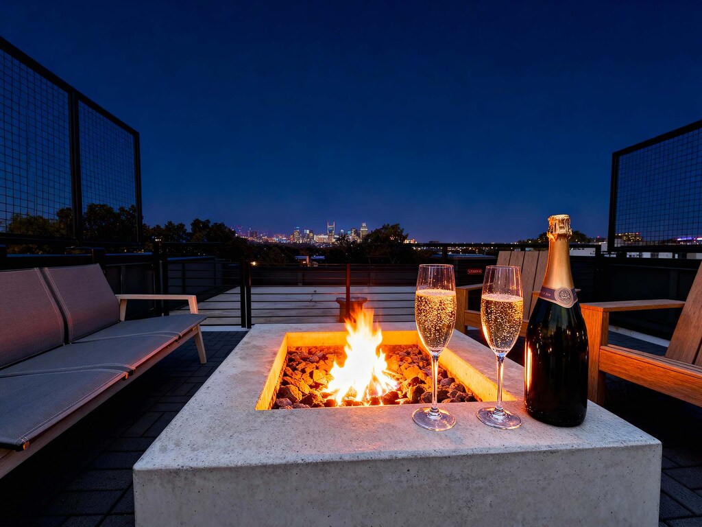 Experience a night to remember in this chic Nashville vacation home with a rooftop deck and stunning skyline views. Gather around the fire pit, sip champagne, and soak in the vibrant atmosphere. Reserve your stay today with Misfit Homes!