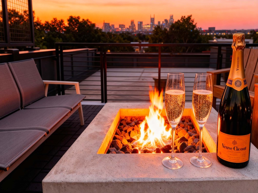 Unwind in luxury on your rooftop oasis with stunning skyline views. Savor fireside drinks while enjoying a vibrant Nashville sunset—ideal for family reunions, bachelorette parties, or a chic getaway with friends. Experience Music City in style!
