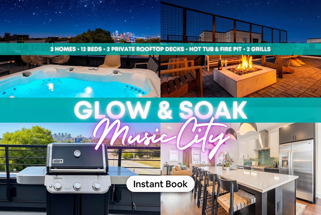 Discover luxury in Music City! With 12 plush beds, private rooftop decks, a hot tub, and a fire pit, your bachelorette party or family reunion will be unforgettable. Enjoy chic interiors and a gourmet kitchen in this dream Nashville getaway!