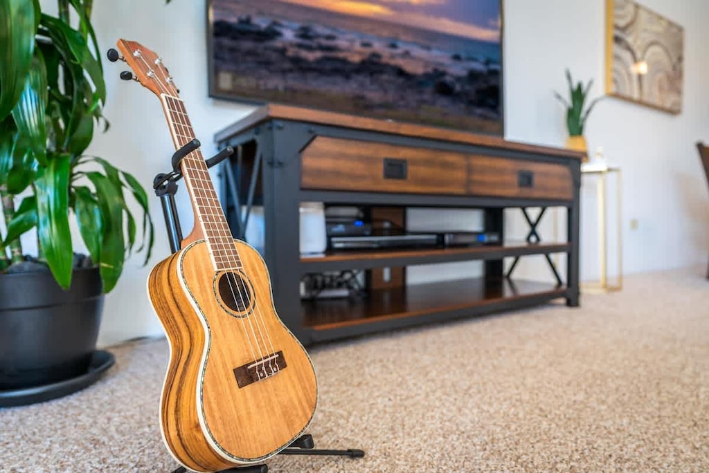 This Ukulele is available in the living room for you to learn your first song using a Youtube tutorial I will provide you! You can then post (if you want) your performance using the hashtag #ukulele on Twitter/Instagram