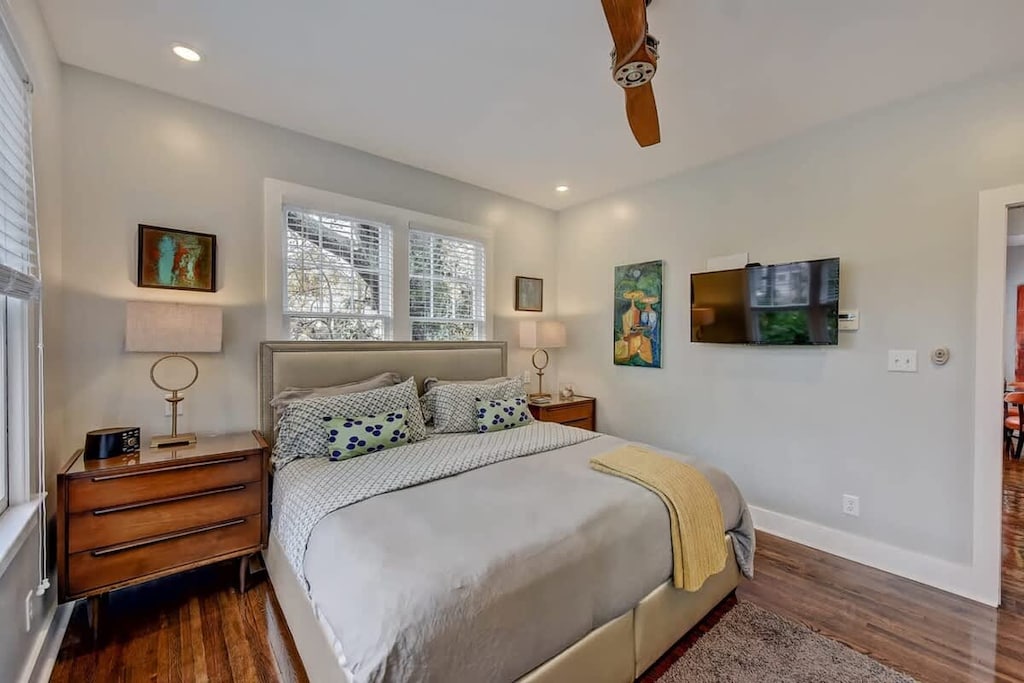 Comfortable bedroom with soft linens and a quiet setting for restful nights.