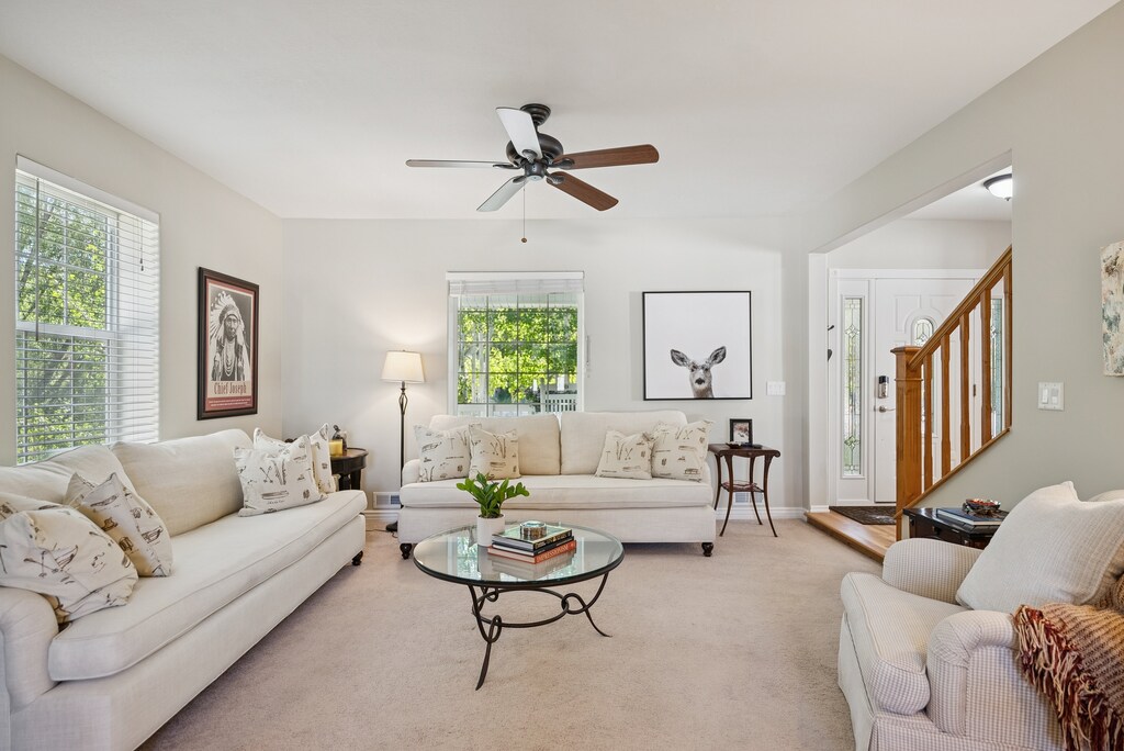 Charming and spacious living room and family room areas with plenty of seating and an indoor fireplace.  Perfect for family & friends gatherings!