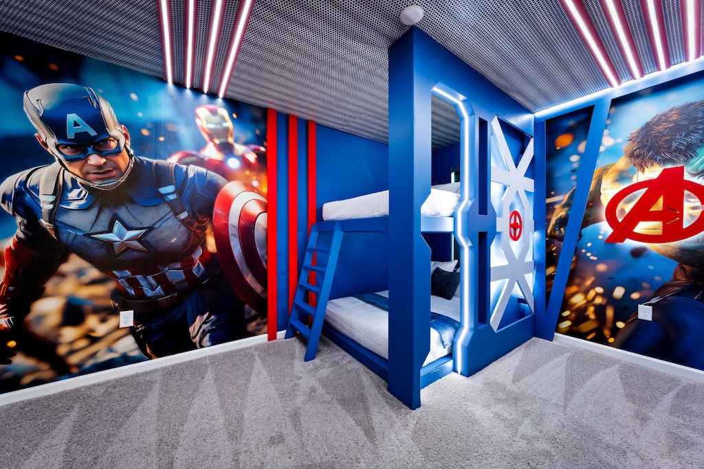 The house features multiple themed rooms such as Harry Potter, Marvel, Mickey Mouse and more!