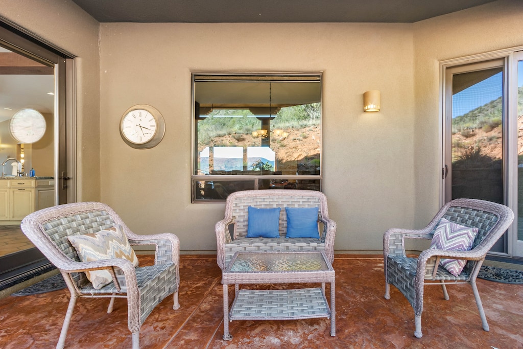 One of several outdoor sitting areas