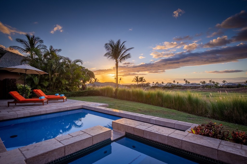 Golden-hour perfection — unwind in your private pool and spa as the sun sets over the Kohala Coast.