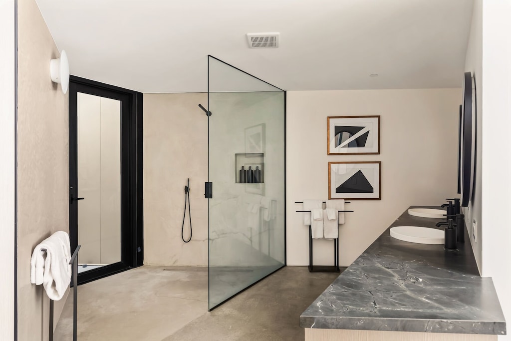 Indoor and outdoor showers.