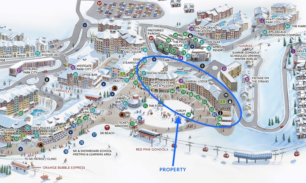 No better location -- very center of Park City Mountain's Canyons Village with the resort plaza and Red Pine Gondola out one side, the new Sunrise Gondola out the other side.