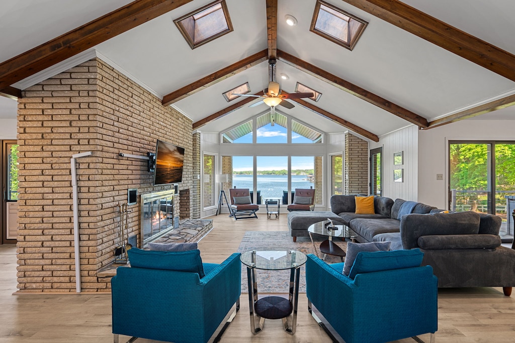 Large sectional in living room with multiple seating options to enjoy the view.