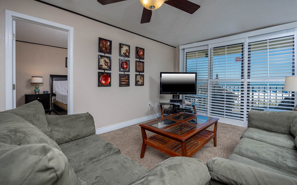 This living area features a comfortable green couch with a queen sleeper, a large TV, and a beautiful view of the beach