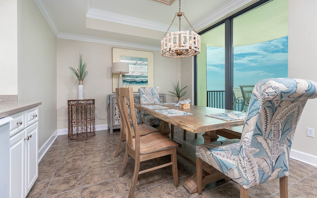 Dine in style at the wooden table, surrounded by elegant chairs and a breathtaking view through large windows