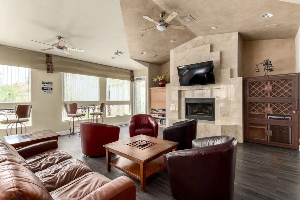 Resort-style community perks include a heated pool, hot tub, sauna, BBQ areas, lounge, gym, and pool table. 