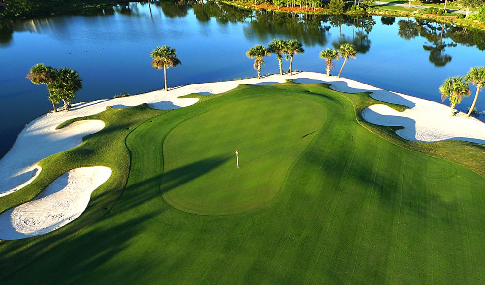Spectacular golf course hole surrounded by pristine lake waters and swaying palm trees creates an iconic island green challenge.