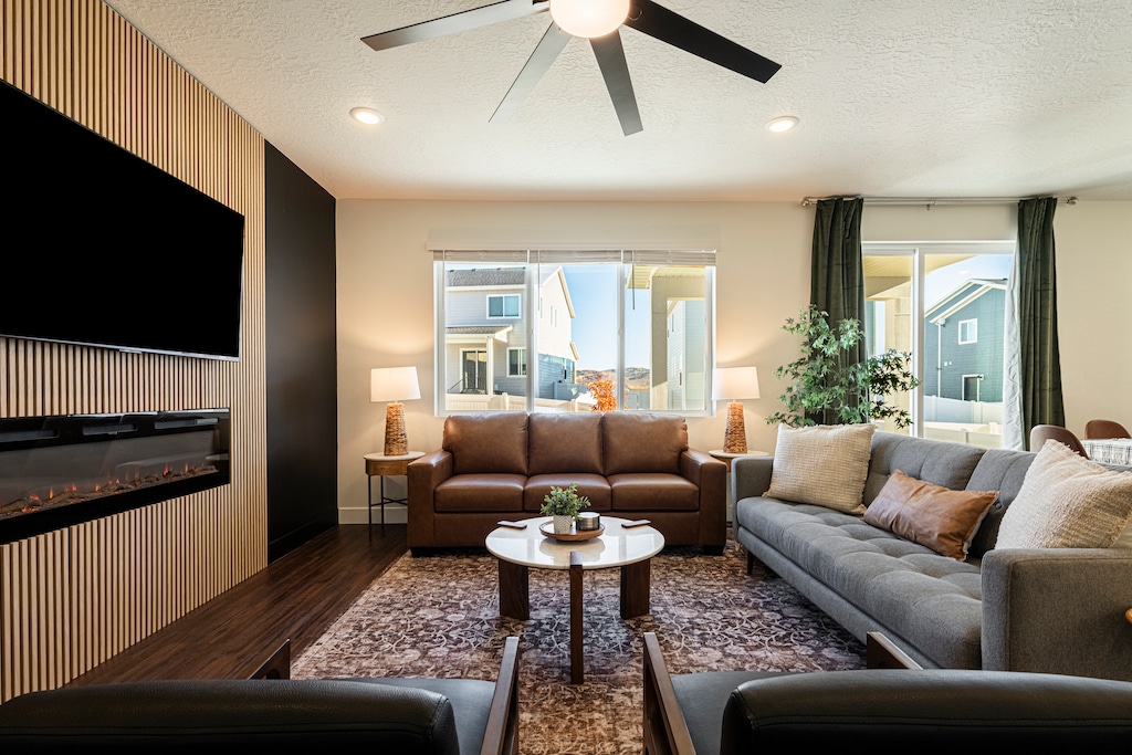 Cozy living room with TV and fireplace