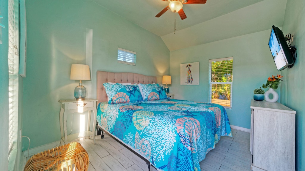 The bedroom features a king bed and a TV.