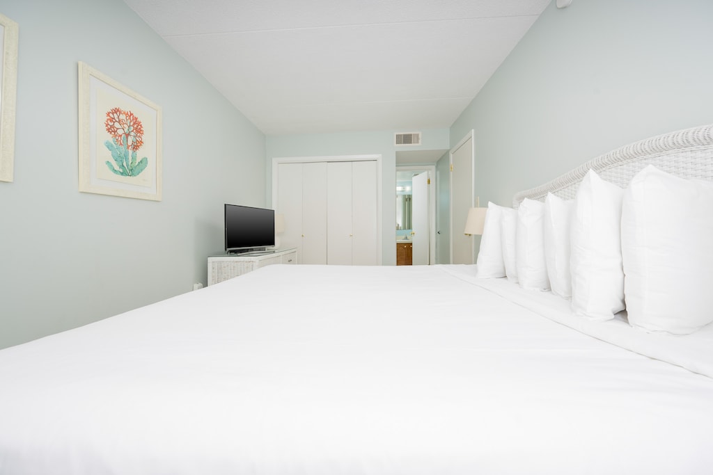 The bedroom features a plush bed, a TV, and easy access to a stylish bathroom for a relaxing stay
