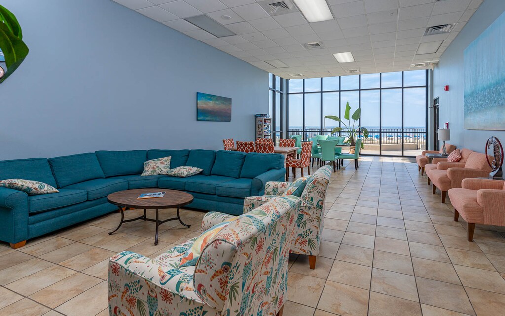 Meet up in this bright lounge with beach views, comfy seating, and dining areas perfect for gathering with friends and family
