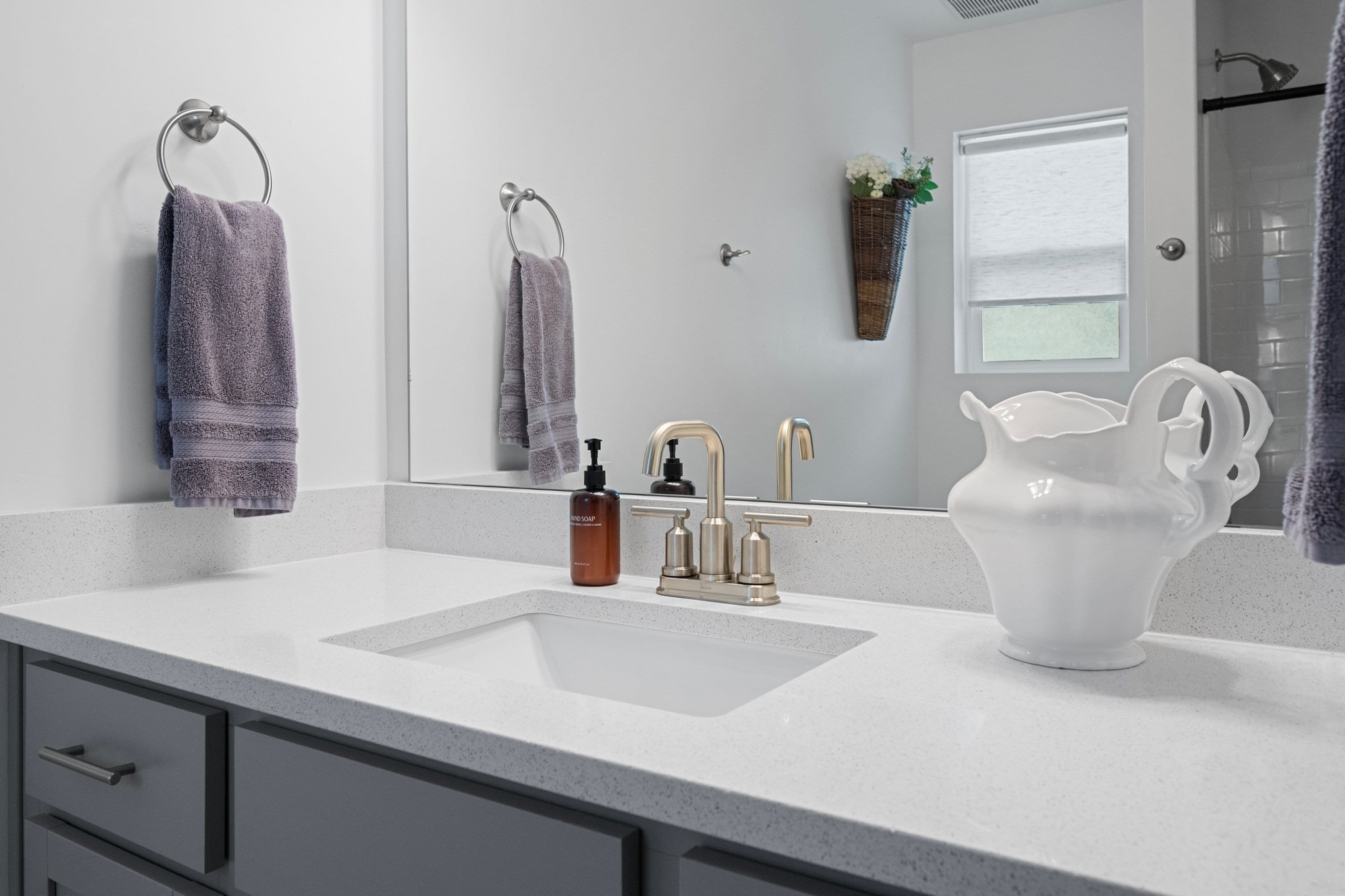 The guest bathroom has a large shower tub combo The guest bathroom has a large shower tub combo