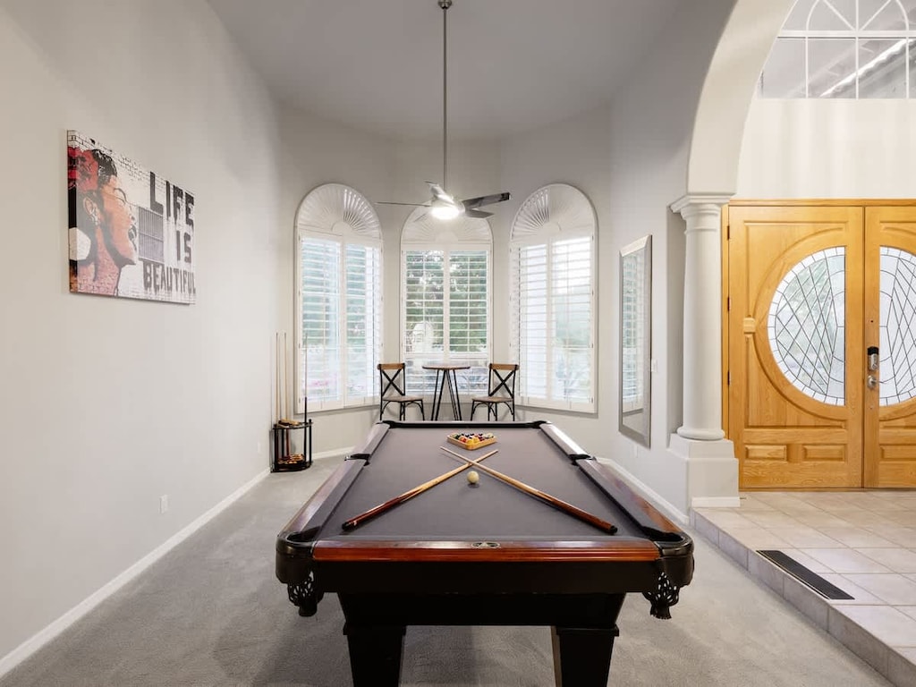 Game area with pool&ping pong table and board games.