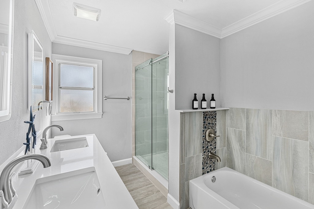 Luxurious tub and step-in shower provided