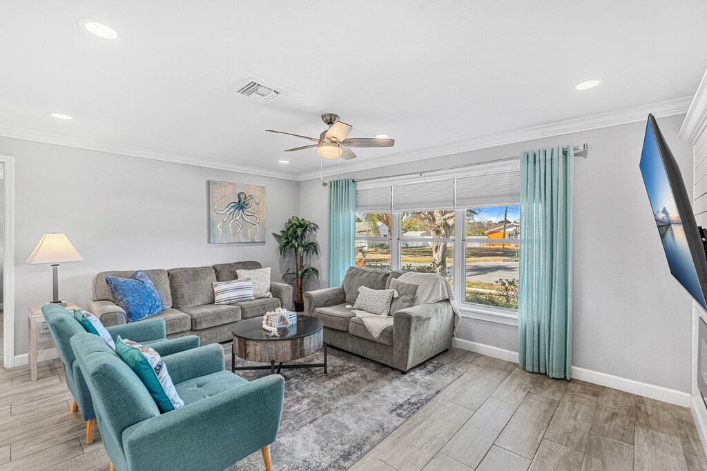 Spacious living room with lots of natural light