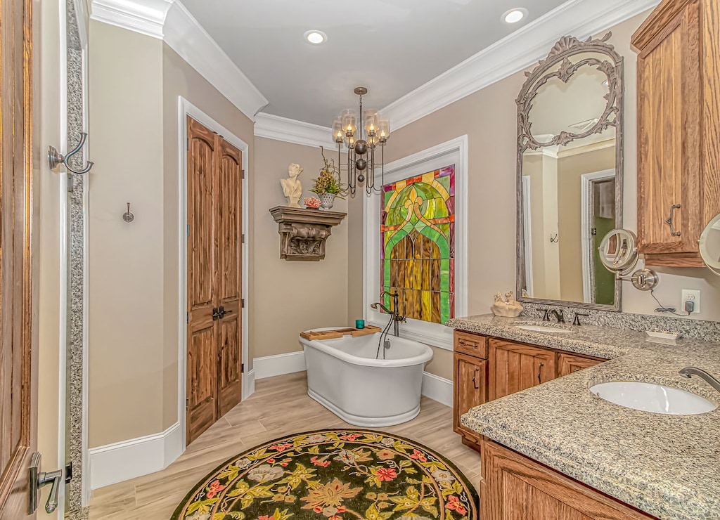 Indulge in luxury with your private soaking tub, rich wood cabinetry, and stunning stained glass artwork creating an elegant sanctuary.