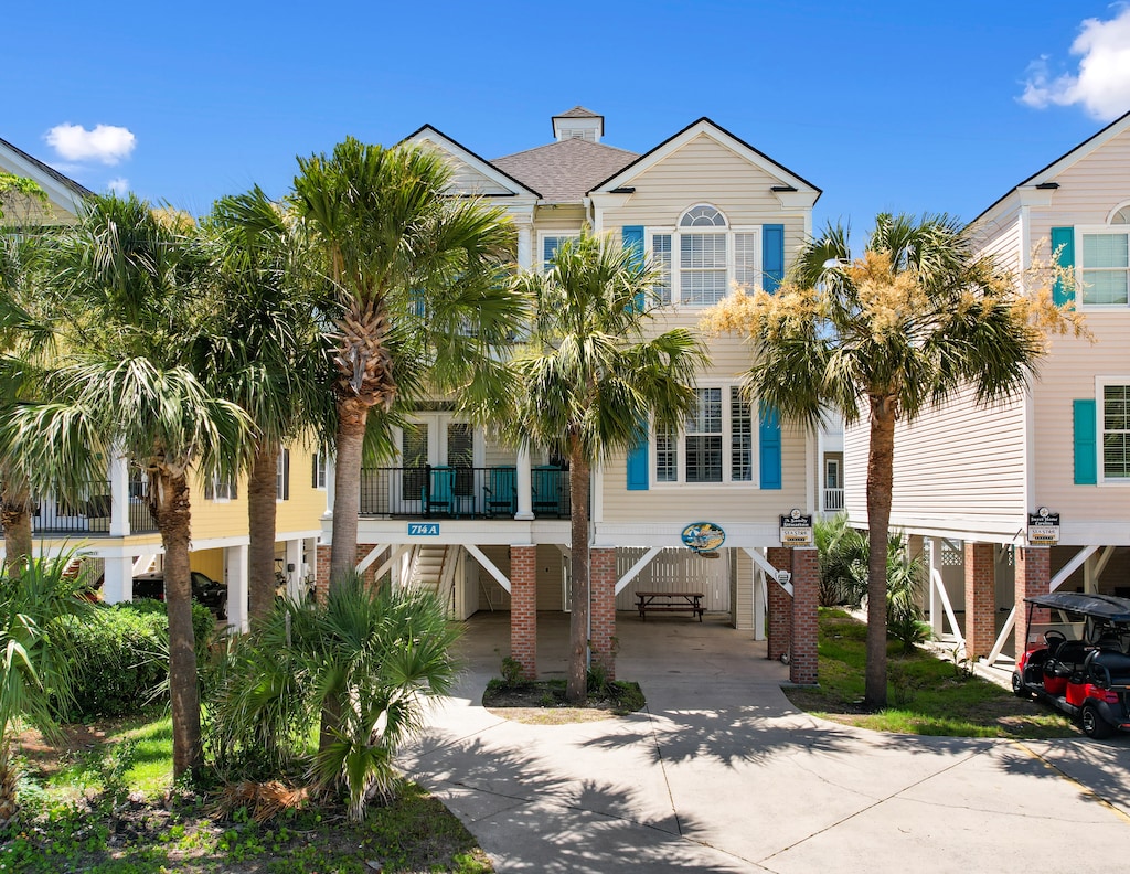 Colorful coastal homes with charming blue shutters and tropical palm trees create a perfect beach town setting.