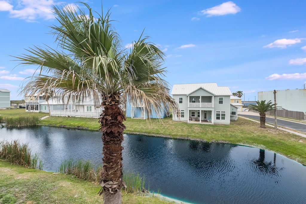 Peaceful waterfront location with palm trees and serene pond views in a quiet coastal neighborhood setting.