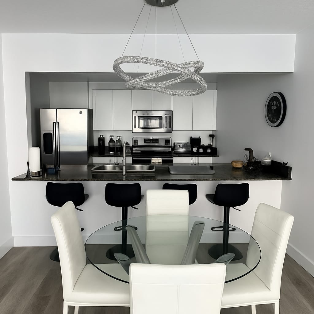 Cook, dine, and unwind in this sleek kitchen and dining space—ideal for long stays, family meals, or remote work setups.