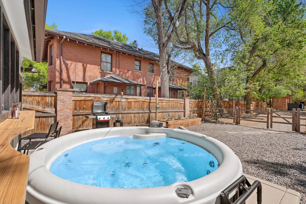 Backyard | Private Hot Tub, Lounge Seating, Fire Pit