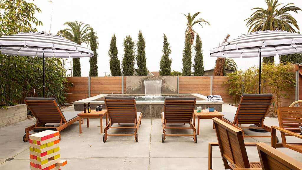 Lounge chairs and giant Jenga.