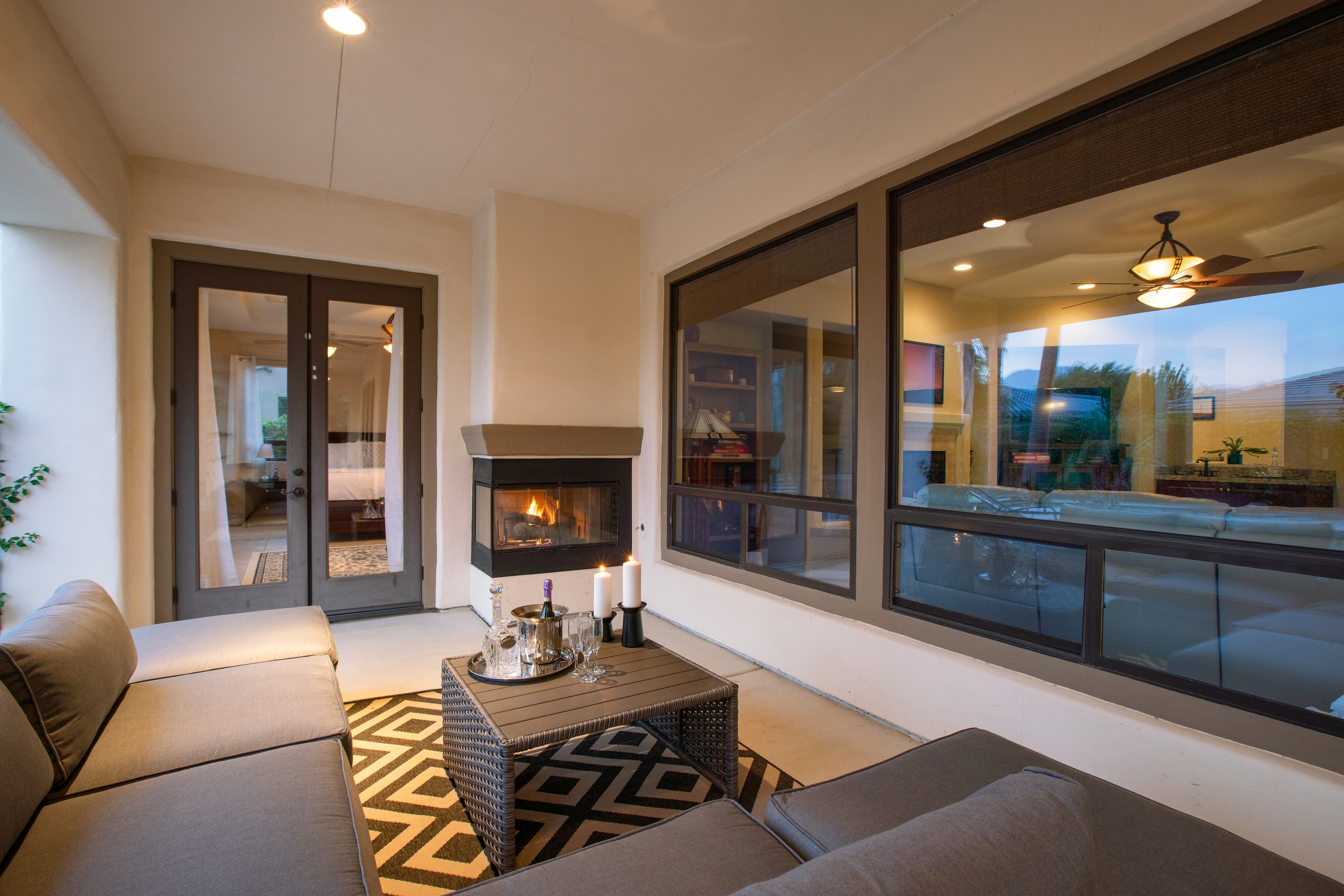 The outdoor lounge area is perfect for a drink by the fire.