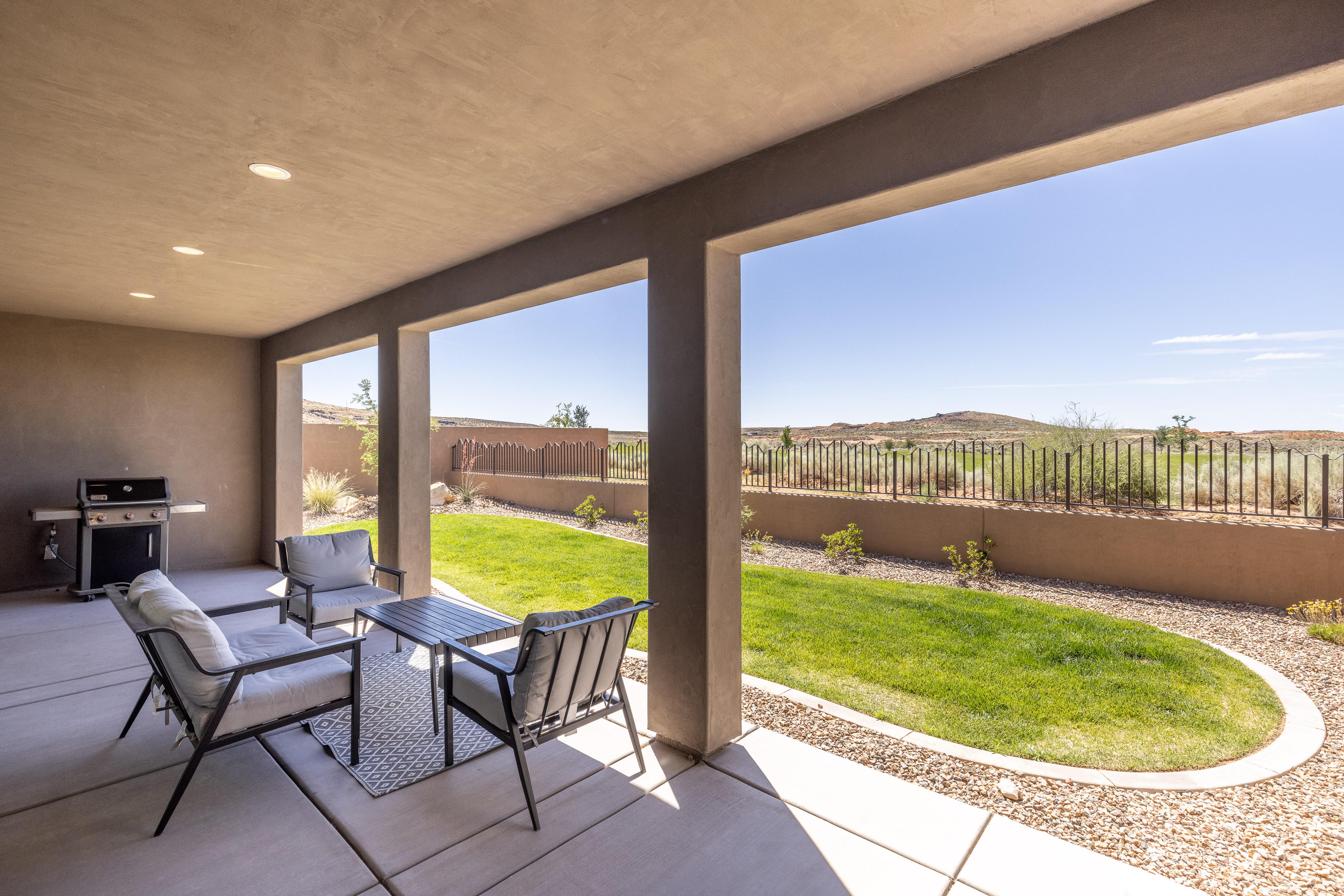 The Back Patio includes an outdoor dining table, BBQ grill, and sliding glass door that leads into the living room.